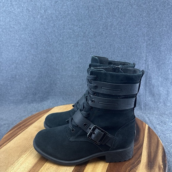 UGG Zia Black Suede Shearling Buckle Strap Waterproof Combat Boots Womens Sz 6.5 - Picture 6 of 10